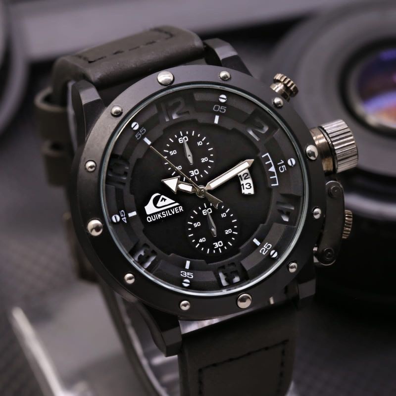 Jam Tangan Pria/Cowok Quiksilver Tanggal Aktif Chrono Variasi Tali Kulit Model Jam Analog Strap Kuli
