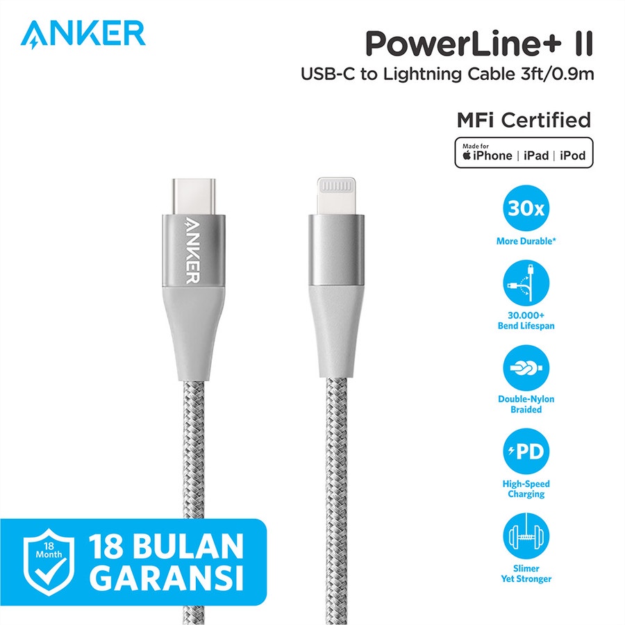 Kabel Charger Anker PowerLine+II USB-C To iPhone lightning 3Ft - A8652