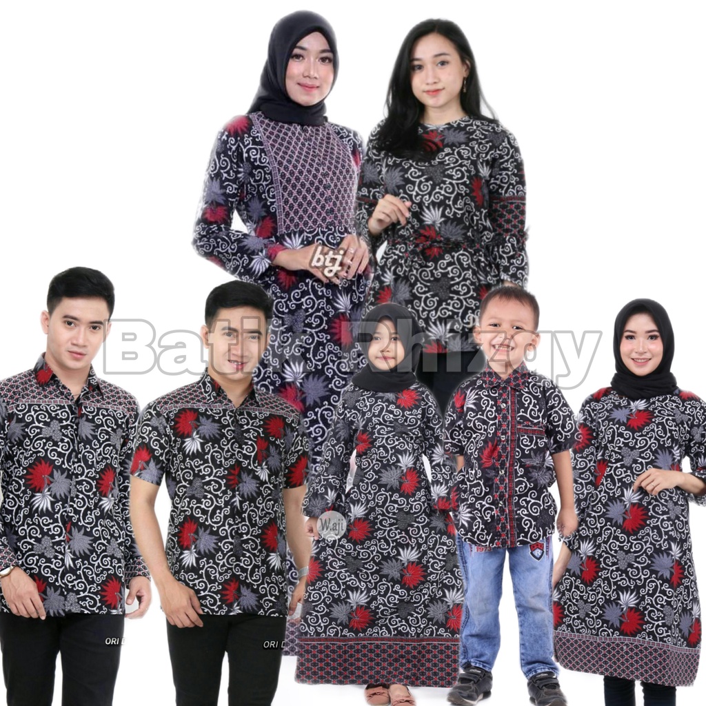 Batik Couple Set Pakaian Keluarga Family Katun M-Jumbo Motif Blarak Merah Hitam