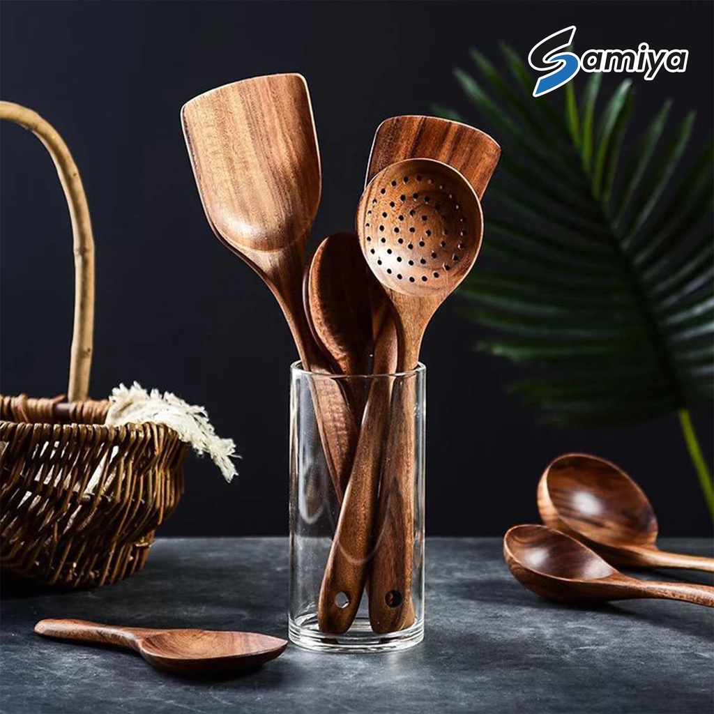 alat masak sutil spatula kayu set 5in1 / wooden kitchen tableware utensils / peralatan makan dapur-2