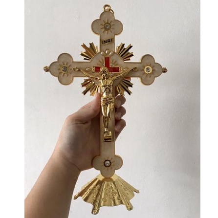 Salib Duduk Katolik Bunga Putih Elegant Gold Besar 30cm salib katolik salib hias agama katolik salib