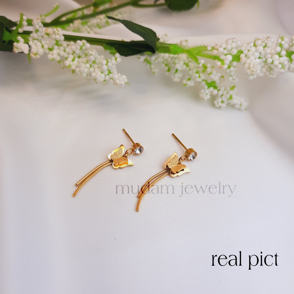 Anting Tusuk Titanium Kupu - Kupu Kecil Jurai Dengan Diamond Artifisial Warna Rose Gold, Gold dan Silver