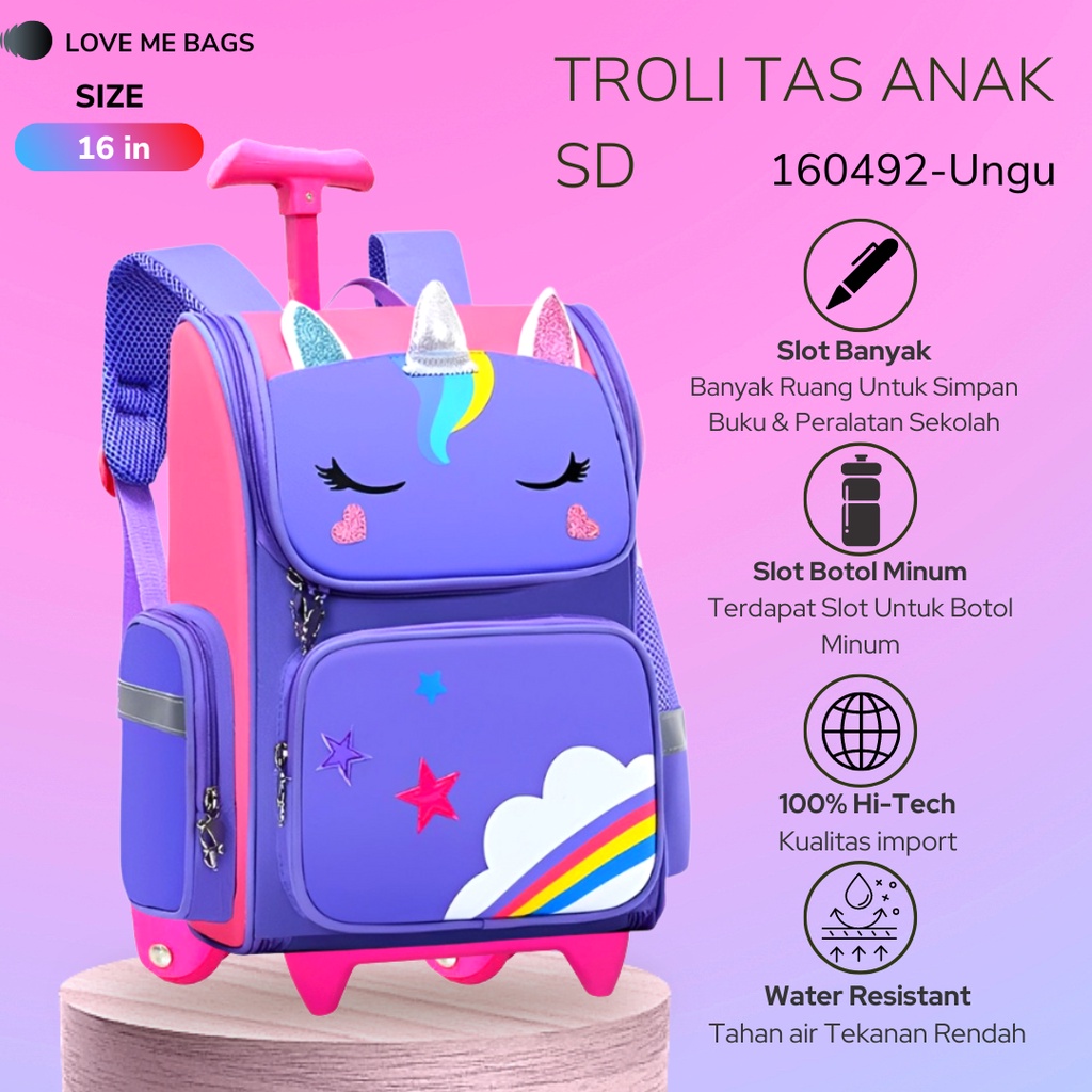 LMB Tas Troli Anak Sekolah Perempuan SD Import Karakter Kartun Bahan Nilon Premium Unicorn Ukuran Besar