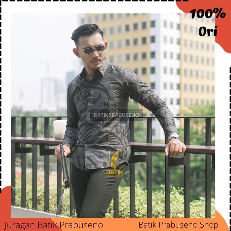 Baju Batik Pria Gaul Model Kemeja Lengan Panjang Slim Fit Bahan Katun Printing Merk Prabuseno Solo M