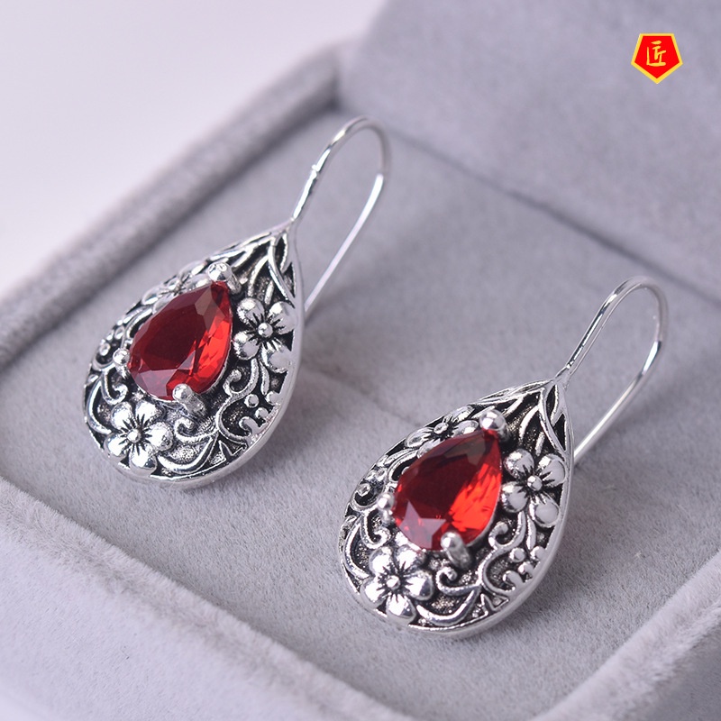 [Ready Stock]Vintage Silver Carved Flowers Ruby Earrings