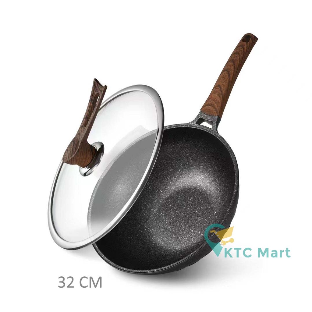 KTCmart - Wok Batu Granite 32 CM + Tutup Kaca  BONUS| Premium Cookware