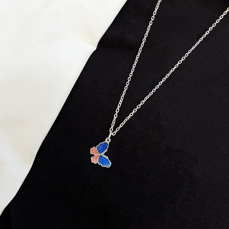 Kalung Rantai Klavikula Panjang Liontin Kupu-Kupu Glitter Warna Pink Biru Gaya Korea