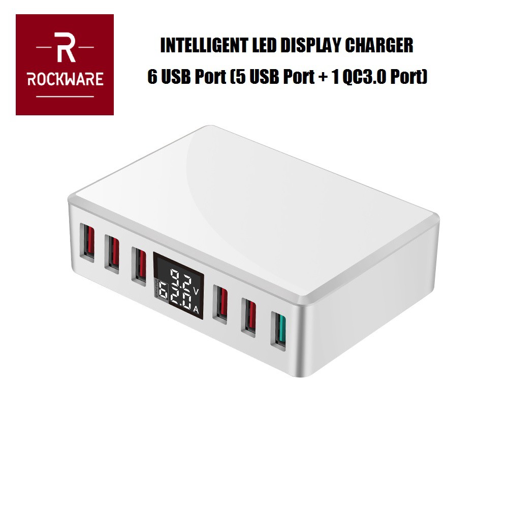 ROCKWARE WLX-T9 Plus - Intelligent 6 USB Charger LED Display - 40W (Charger Multiport Universal)