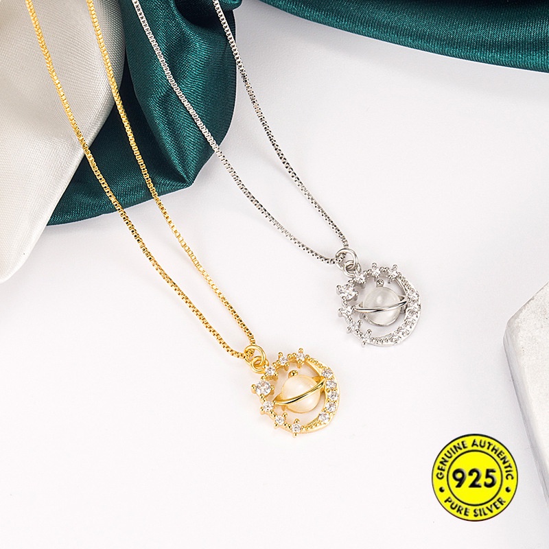 Kalung Rantai Klavikula Bahan S925 Silver Lapis Emas 18K Hias Opal Planet Untuk Wanita