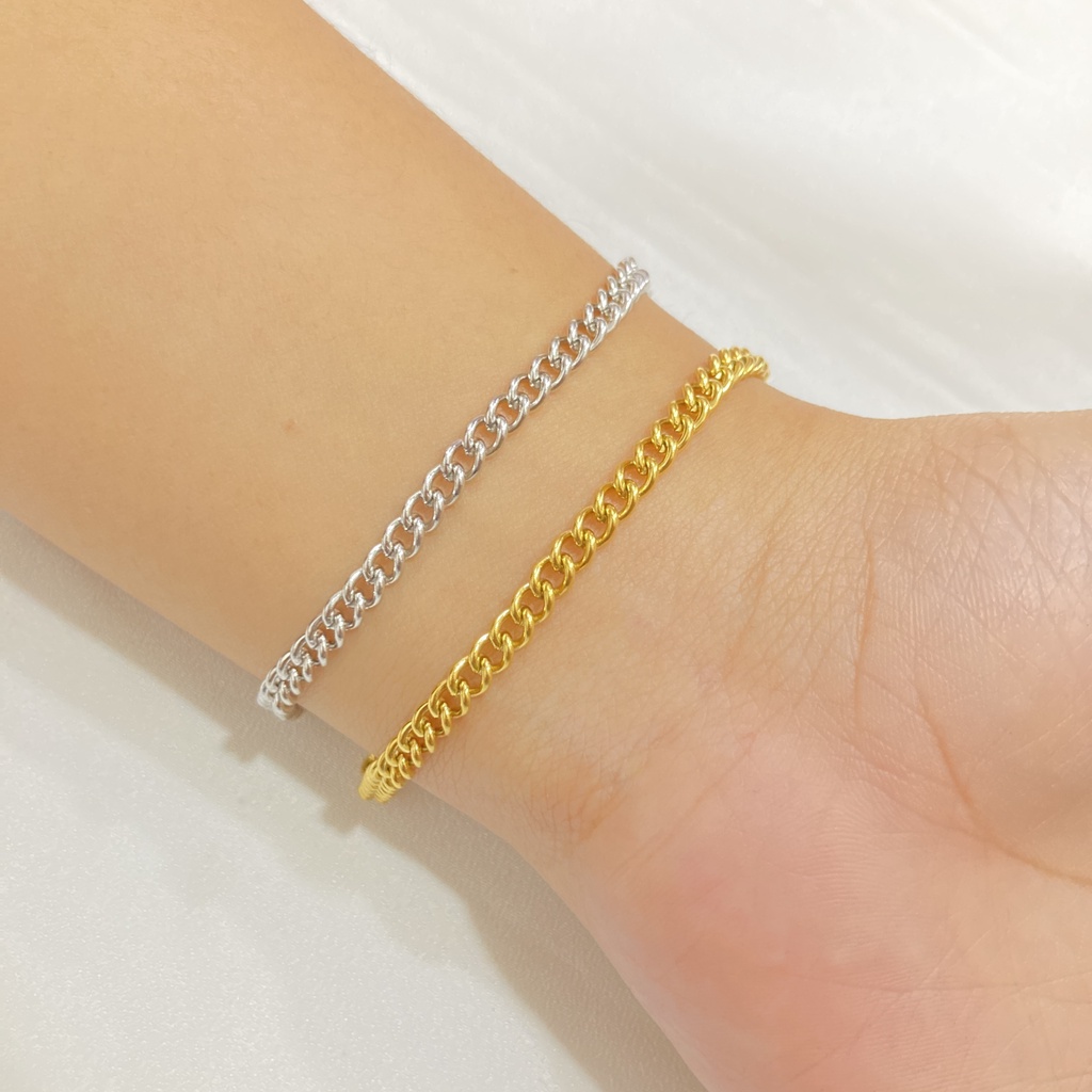 Gelang Rantai Titanium Polos Silver dan Gold Anti Karat Simple Unisex