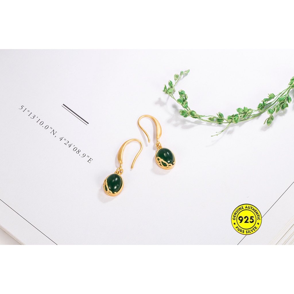 Anting Kait Gantung Silver S925 Desain Bunga Jasper Cina Retro Untuk Wanita