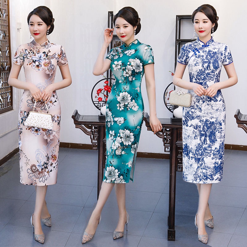 Cheongsam women's summer retro aging new dress improved slim and belly covering Chinese style middle