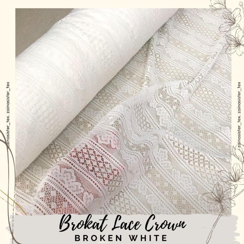 Kain Brokat Lace Salur Crown Meteran Mewah Premium Warna Putih Tulang Broken White