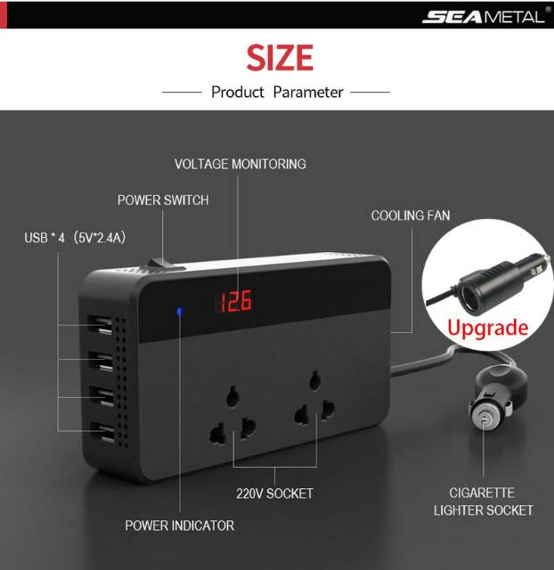 Car Power Inverter DC 12V to AC 220V 200W 4 USB Port