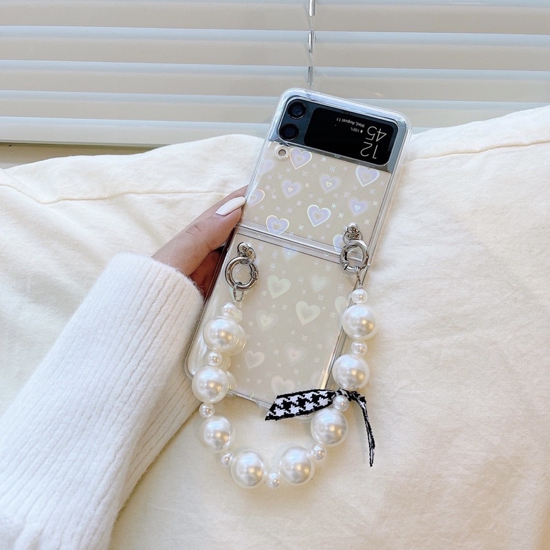 Samsung Galaxy Z Flip 6 5 4 3 5G ZFlip6 ZFlip5 ZFlip4 Zflip3 Z Fold 3 4 5 6 Casing Akrilic Fuze Semi Hologram Hati Transparan Aksen Rantai Mutiara Case Zfold3 Zfold4