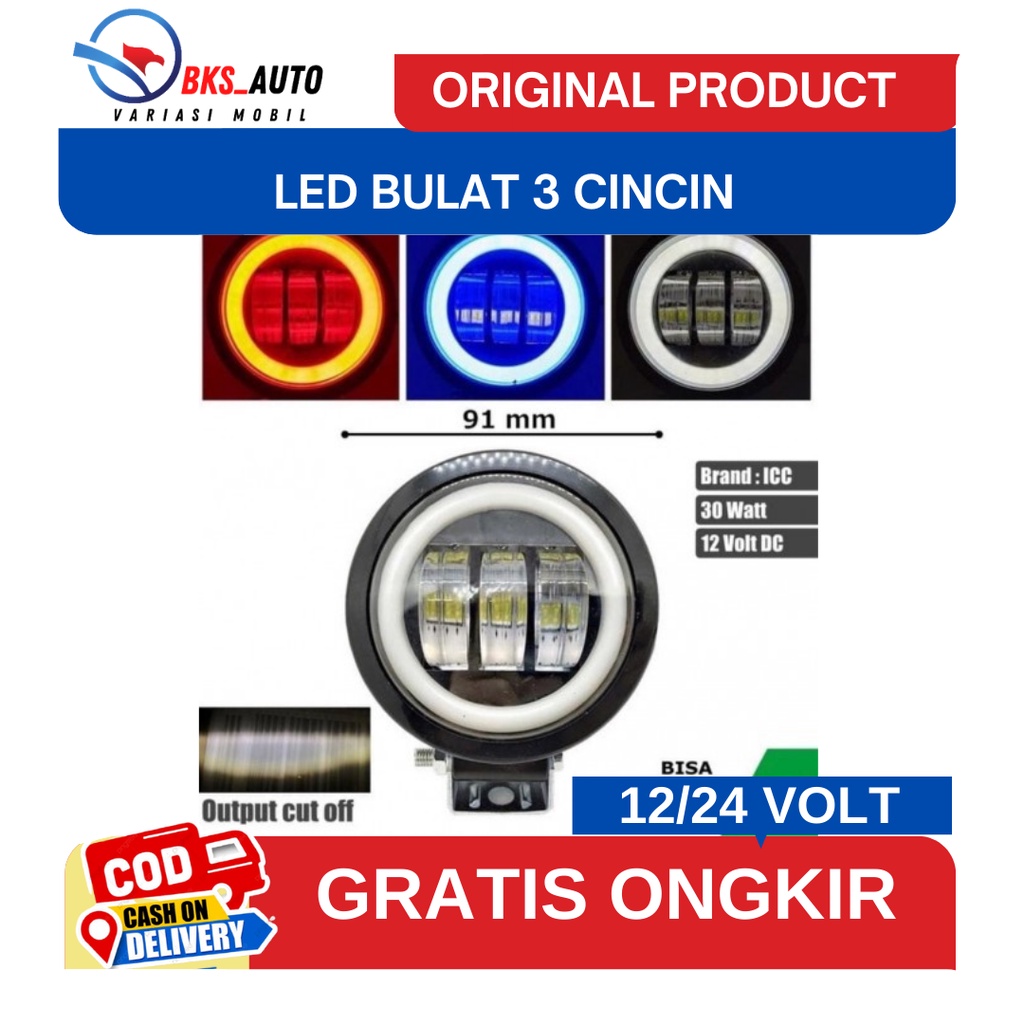 Lampu Led Bulet 3 Cincin Voltase 12/24 Volt Bulat Sorot Merah