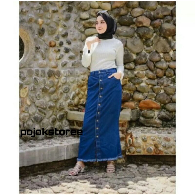 ROK KANCING DEPAN ROK DENIM BUTTON SKIRT JEANS SPAN PANJANG WANITA JINS rok KANCING PUTIH-2