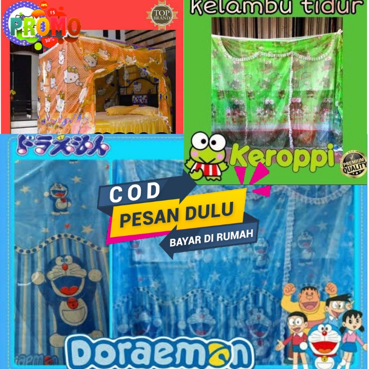 KELAMBU MOTIF ANAK / KARAKTER DORAEMON &amp; KEROPPI Ukuran 200x200 cm /Kelambu Gantung Kotak