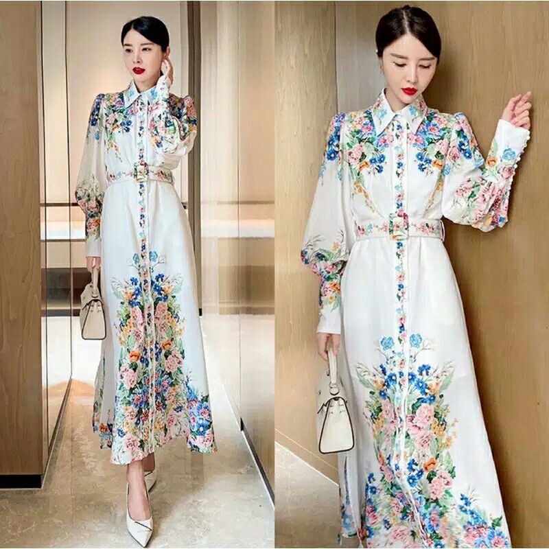 8000 Elisa Baju Maxidress longdress Maxi dress FLORAL dres Korea Korean style wanita mport putih Pak
