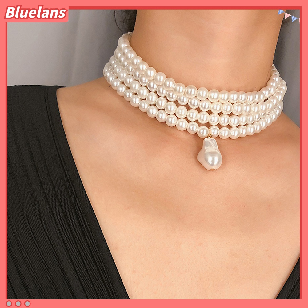 Kalung Choker Manik-Manik Mutiara Imitasi Multilayer Untuk Wanita