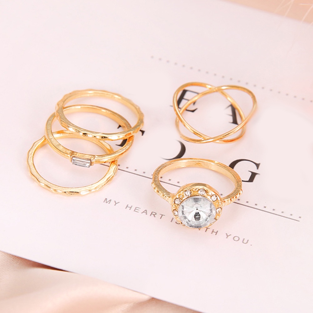 Hu Hu Hu Hu Hu Alat Bantu Pasang Kacamata♡ 5pcs / Set Cincin Wanita Desain Silang Hias Cubic Zirconia Bulat Untuk Pesta