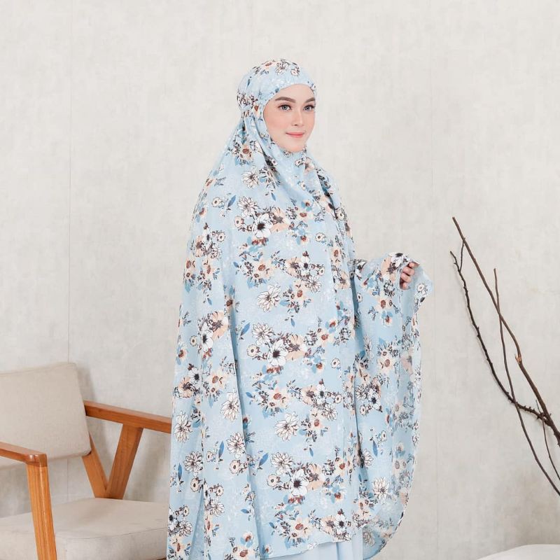 Mukenah Tazbiya Blooming Piony Series Blue/Grey/Pink Dewasa Jumbo Katun Rayon Adem Motif Cantik