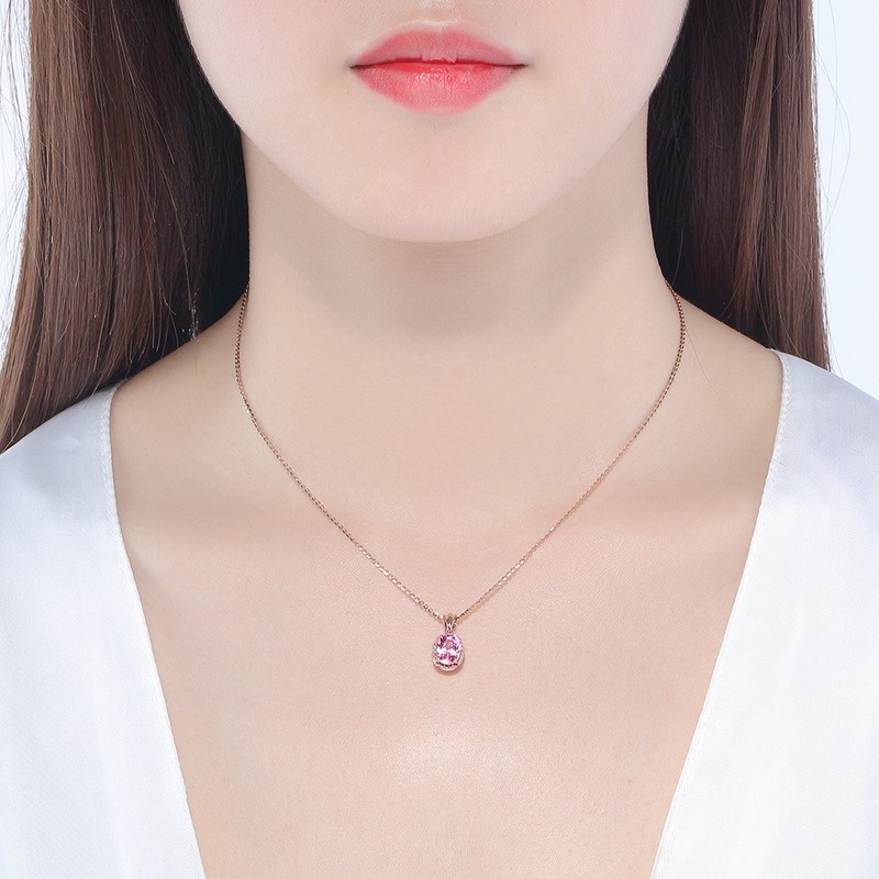 [Ready Stock]Fashion Inlaid Pink Crystal Pendant 18K Rose Gold Plated Necklace