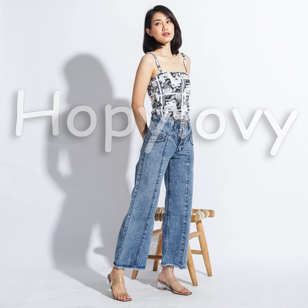 HOPYLOVY - Celana Kulot Jeans Wanita Highwaist 3 Kancing Depan Zarara