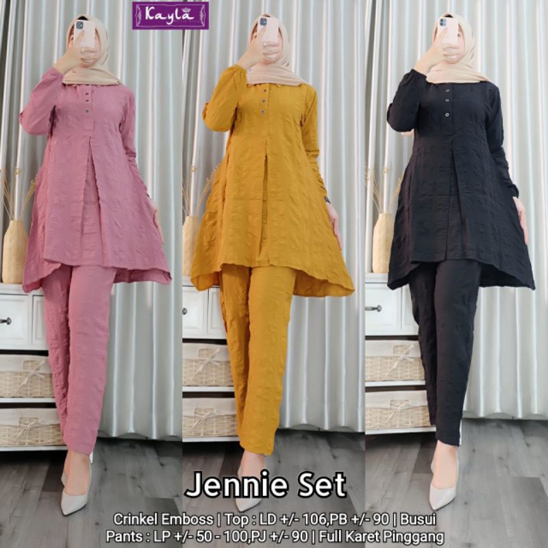 SETELAN TUNIK + CELANA CRINKEL EMBOSS POLOS SUPER CANTIK JENNIE SET BY KAYLA