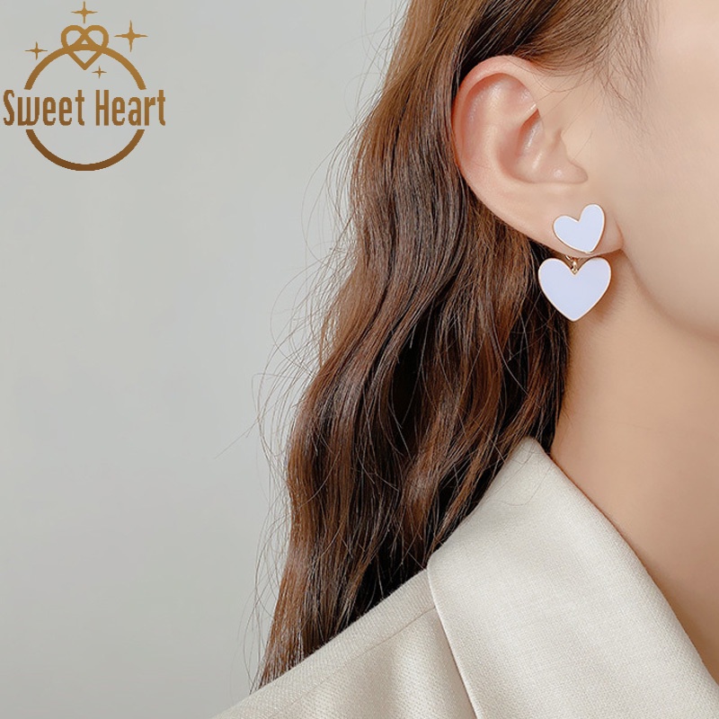 Anting S925 Silver Needle Bentuk Hati Ganda Warna Putih Gaya Korea Untuk Perhiasan