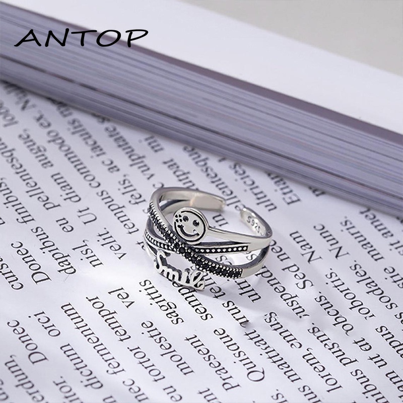 Smiley Surat Cincin Kepribadian Wanita Retro Pembukaan Adjustable Pasangan Cincin Perhiasan  ANTOP