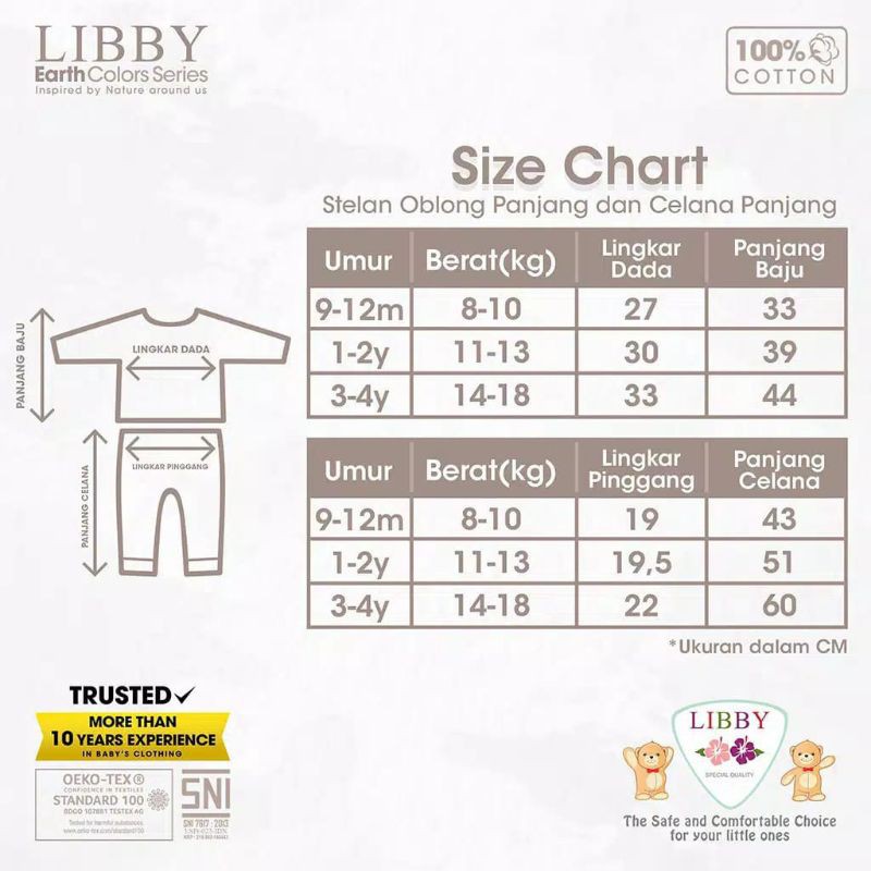 LIBBY EARTH SERIES Baju Bayi Stelan Oblong Panjang - Celana Panjang 9 Bulan - 4 tahun setelan libby