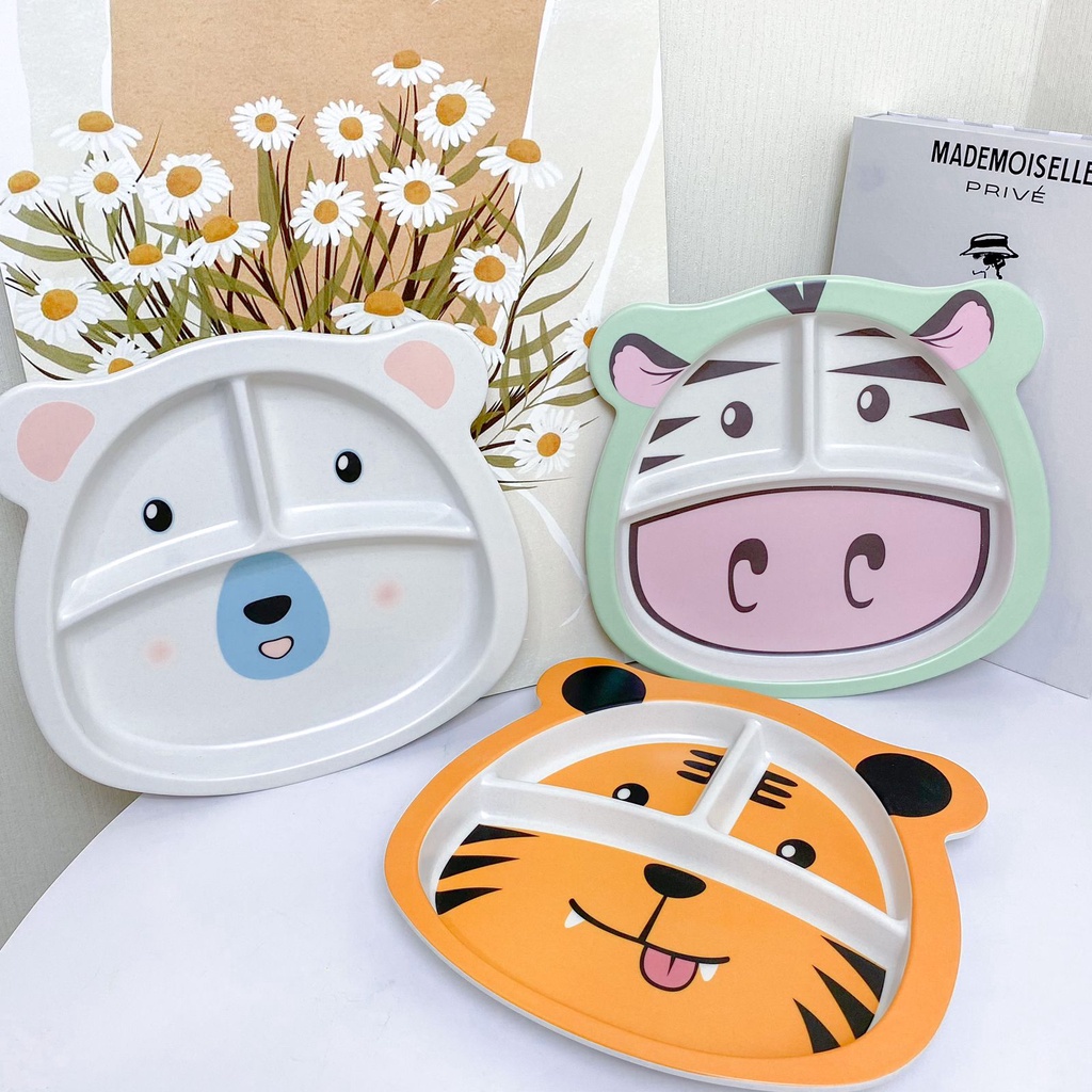 Piring Sekat Karakter Hewan / Piring Bahan Bamboo Fiber Alat Makan Anak lucu unik piring bentuk hewa