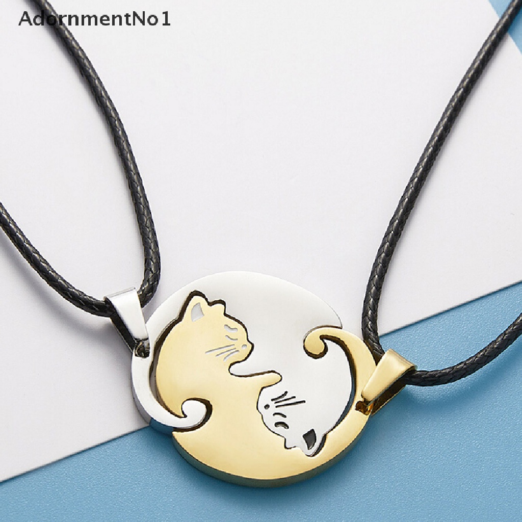 (AdornmentNo1) 2pcs / Set Kalung Rantai Dengan Liontin Hati + Kucing Untuk Pasangan / Pria / Wanita