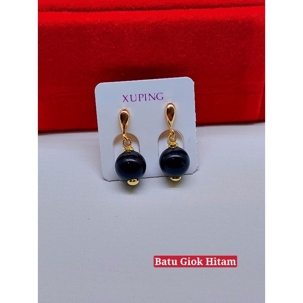 anting wanita xuping batu giok dan rambut sedana asli lapis emas-XP301#~giok hitam