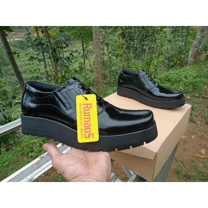 Terbaru-sepatu dinas PDH pendek outsole tebal 4-5cm/KANTORAN kulit sapi asli hitam kilap