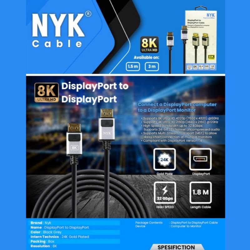 NYK DP to DP  Cable / Display Port to Display Port Kabel Original Gold Plate 8K 1.8 meter / 3 mtr