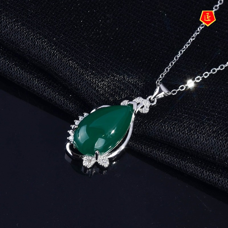 [Ready Stock]Green Chalcedony Bow Pendant Korean Style Simple Elegant