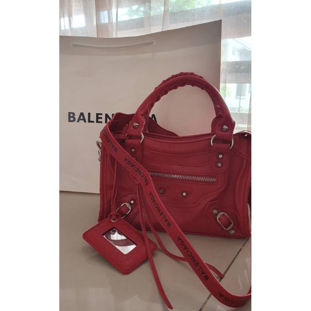 Balenciaga mini City red with black logo strap SHW