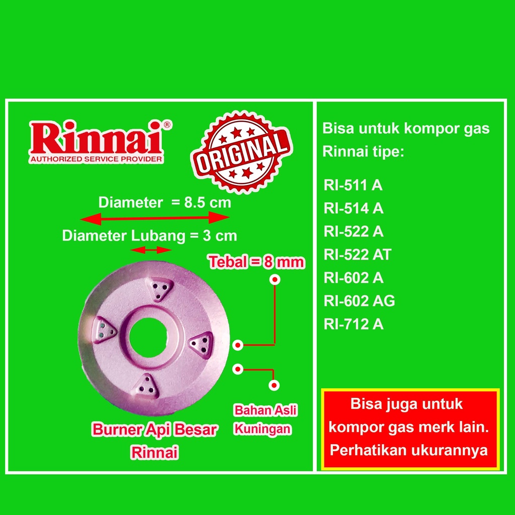 Burner Kompor Gas Rinnai Kecil Besar Tebal Tornado Turbo Api Lilin Original Burner Rinnai Kuningan Kepala Tungku Kompor Gas Rinnai RI 511E 512E 514E 522E 522ET 522C 522CE 602E 603E 511A 514A 522A 522AT 602A 602AG 712A 511T 712T 712TG 712BGX 602BGX 712BX