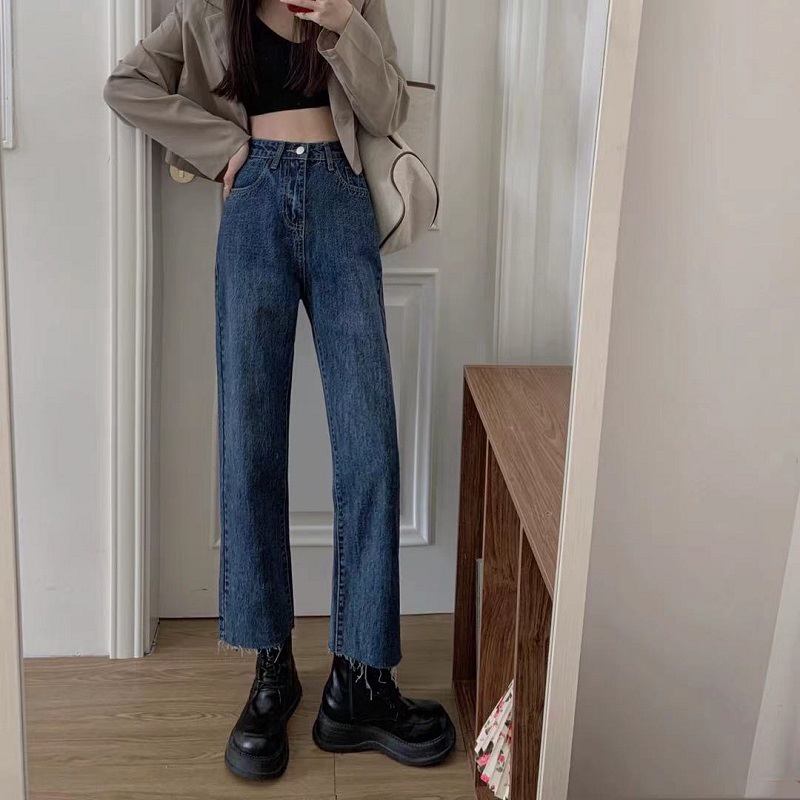 Jeans Biru Cropped Longgar Pinggang Tinggi Baru Untuk Wanita