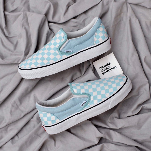 vans checkerboard slip on aqua haze