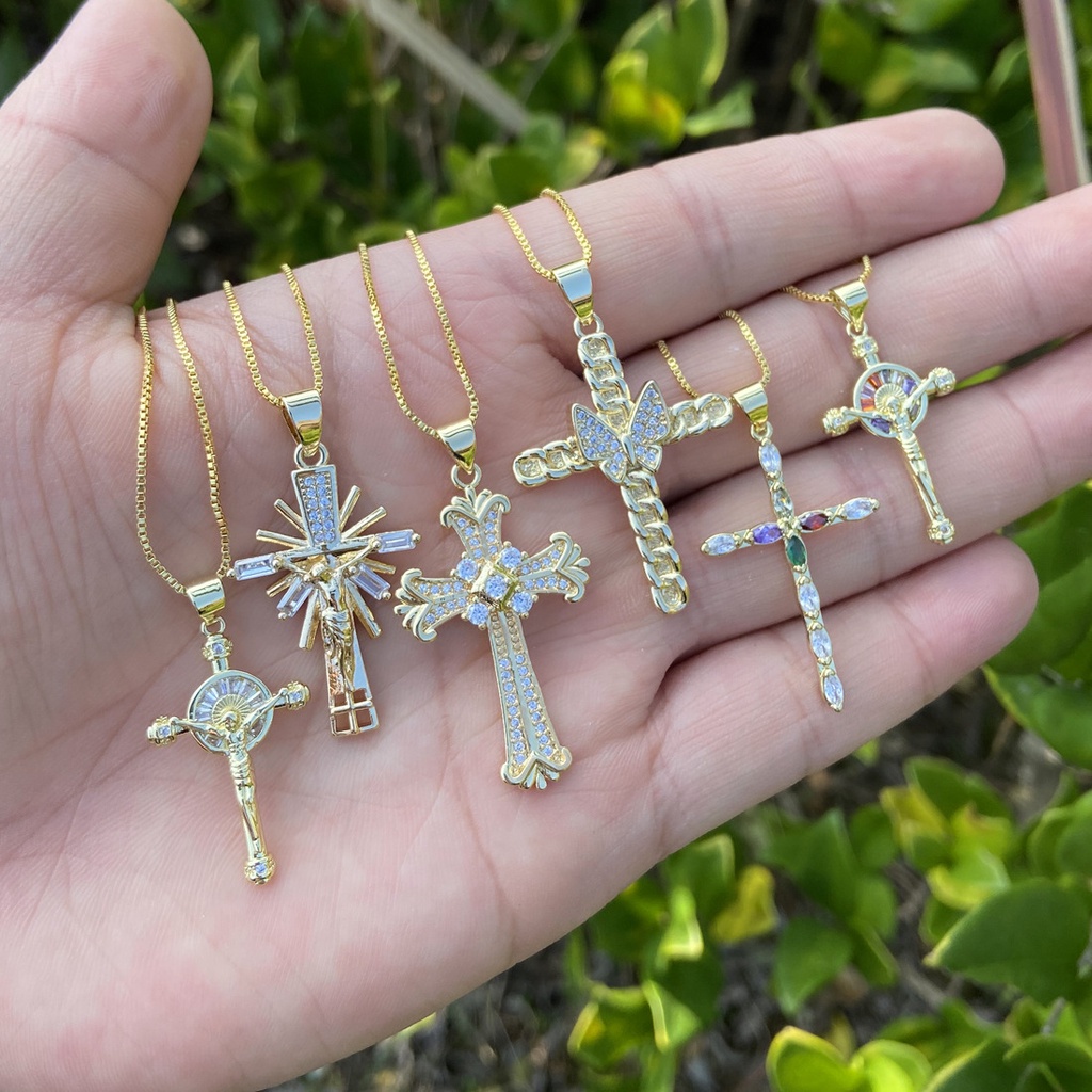 Kalung Liontin Salib Lapis Emas 18K Hias Cubic Zirconia Hypoallergenic Untuk Unisex