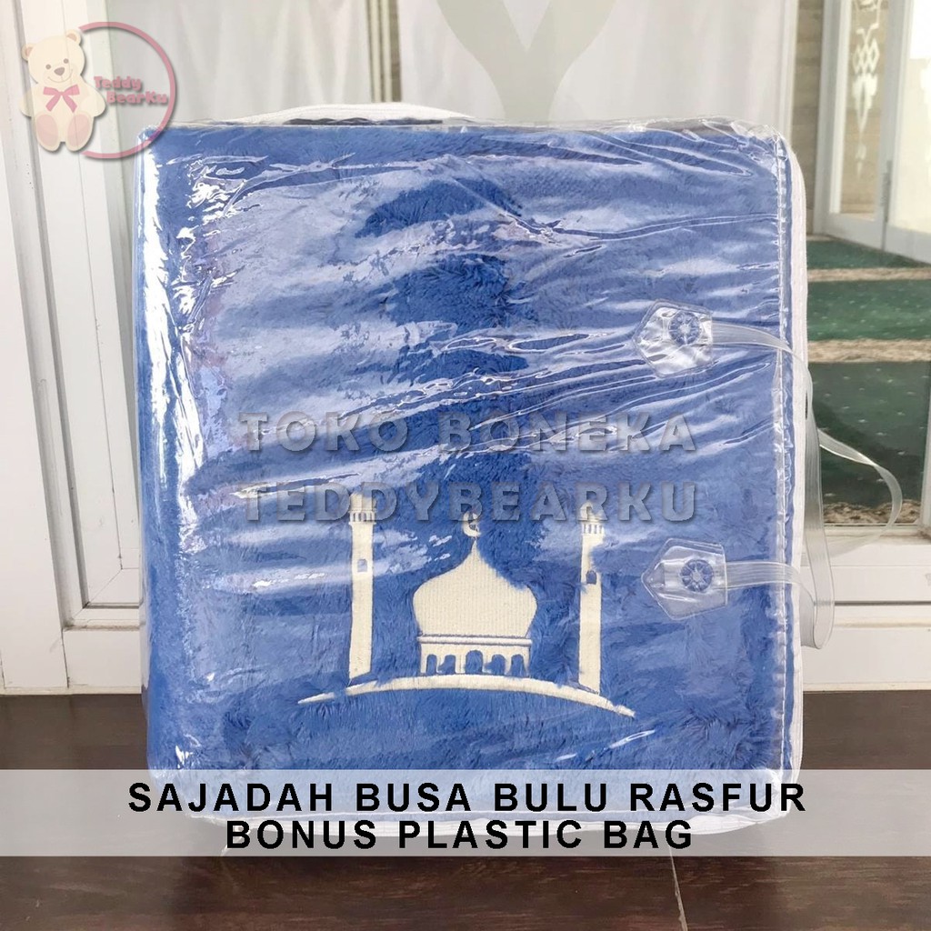 SAJADAH BUSA RASFUR BIRU MOTIF MASJID BONUS PLASTIC BAG