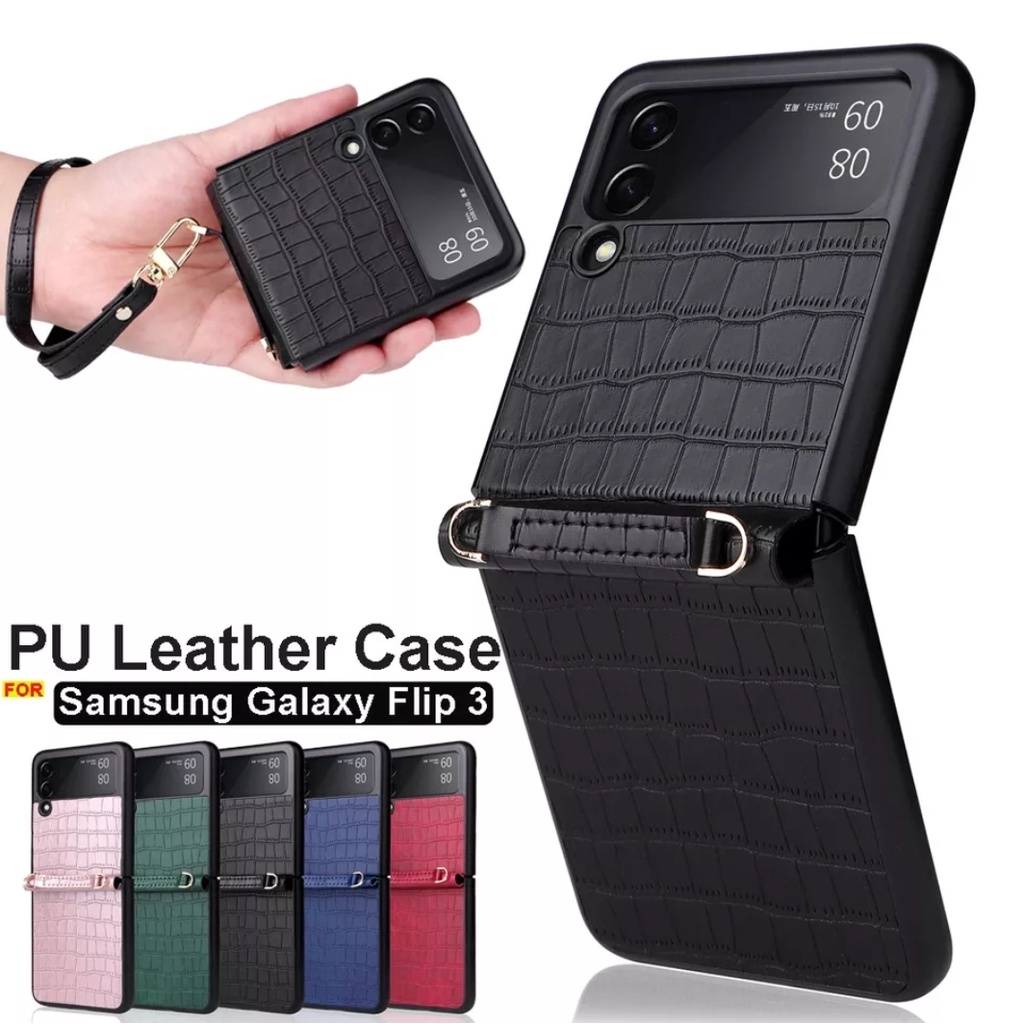 PU Leather Lanyard Strap Crocodile Skin Samsung Z flip 3 Case Cover Casing