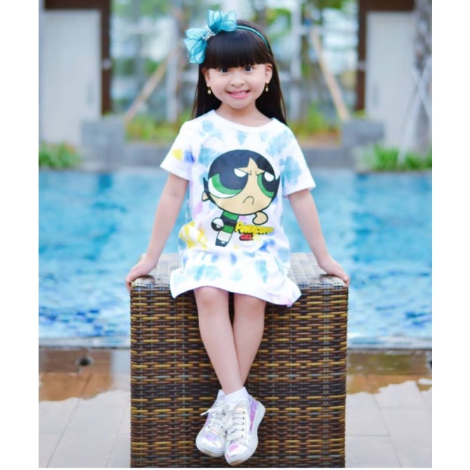 Obral Baju Anak Branded - Dress Tunik Kaos Tie Die Bagus Power Puff Girl Merk Jovanka