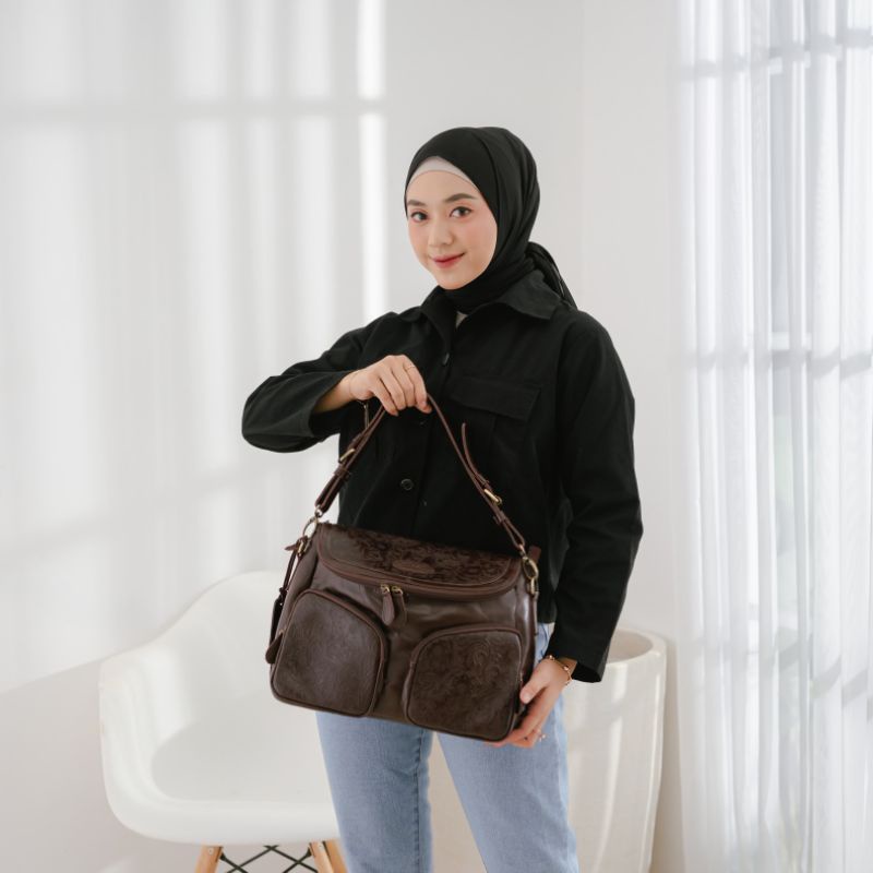 TAS KANTOR WANITA KULIT SAPI ASLI MODEL AMANDA / KULIT SAPI PULL UP MIX KULIT EMBOSS BATIK /FREE GRAVIR NAMA