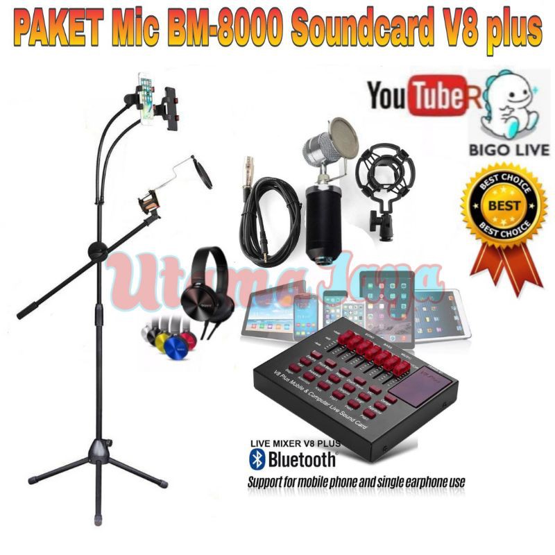 Paket Microphone BM8000 Soundcard V8 Bluetooth Stand Berdiri Standing Holder Tripod 2 x phone Holder