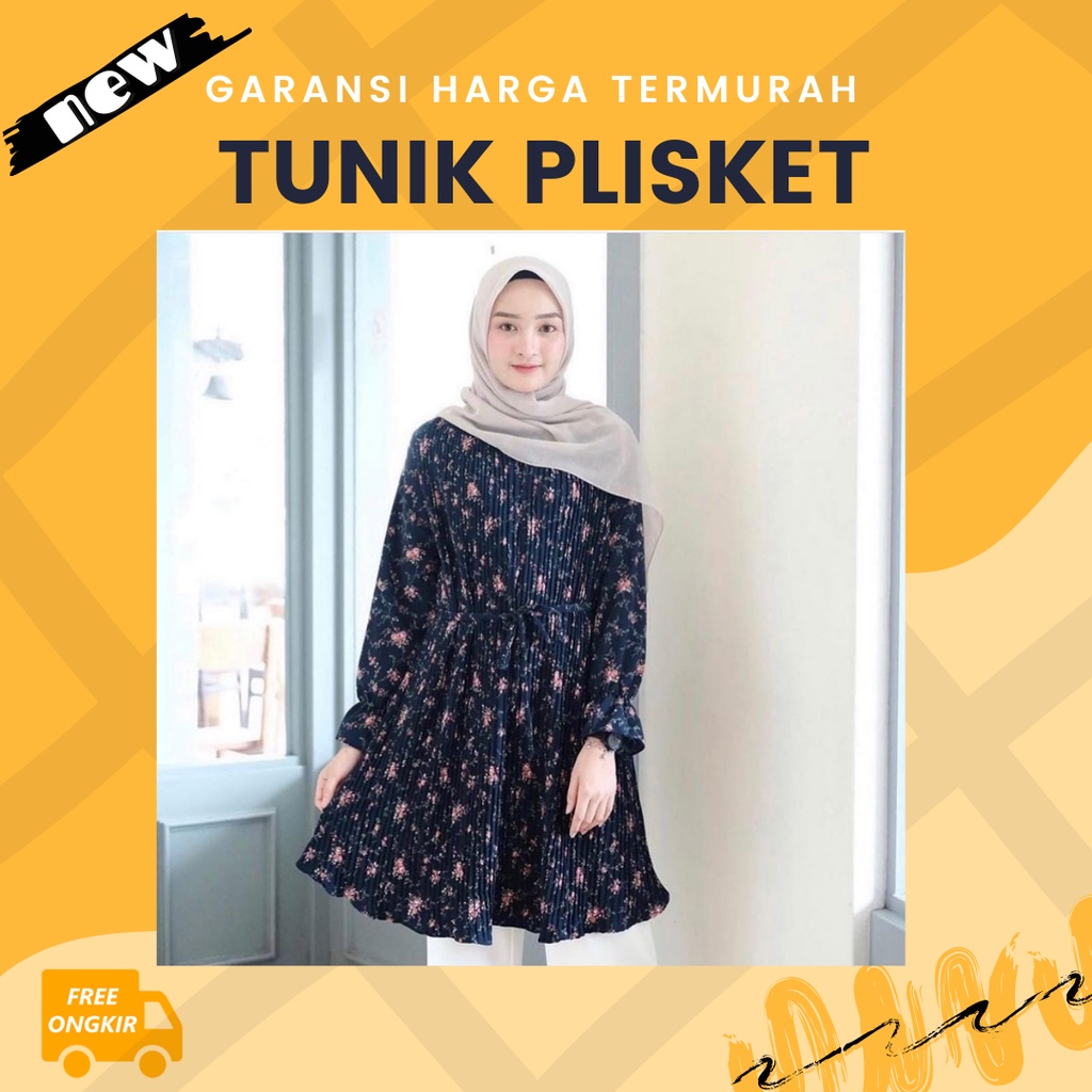 Atasan Baju Tunik Plisket Ceruty Babydoll Motif Bunga Tali Pinggang Wanita Remaja Terbaru Kekinian