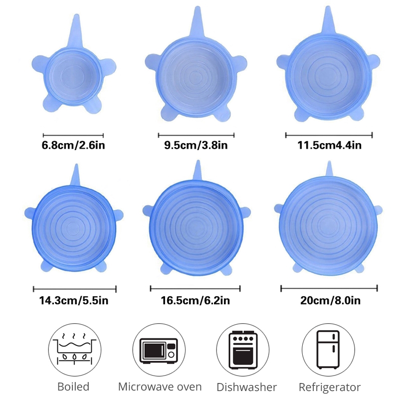 6Pcs Silicone Lids Durable Reusable Pot And Bowl Cup Food Saving Container Heat Resisting